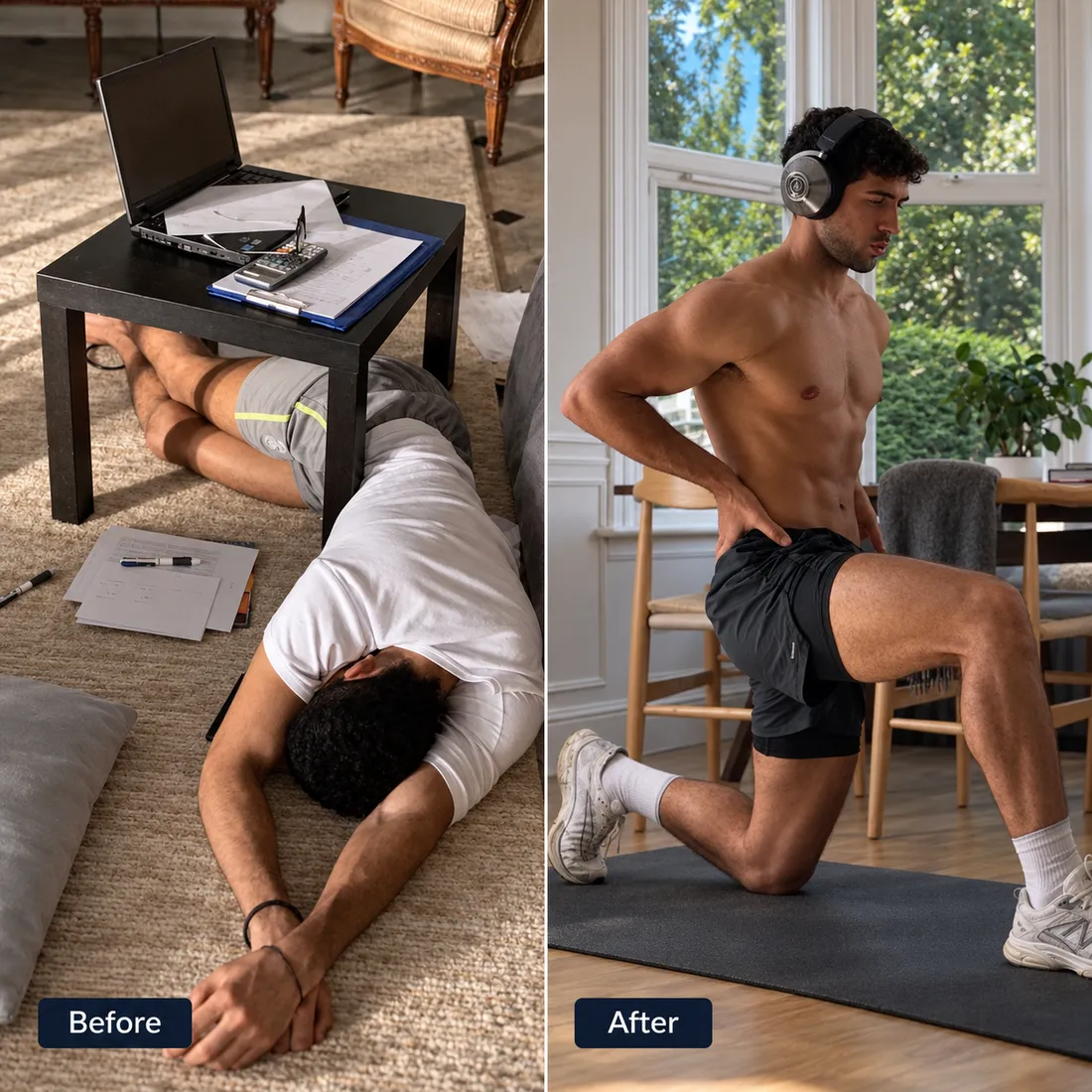 Before and after: worn out after work, then stretching with energy