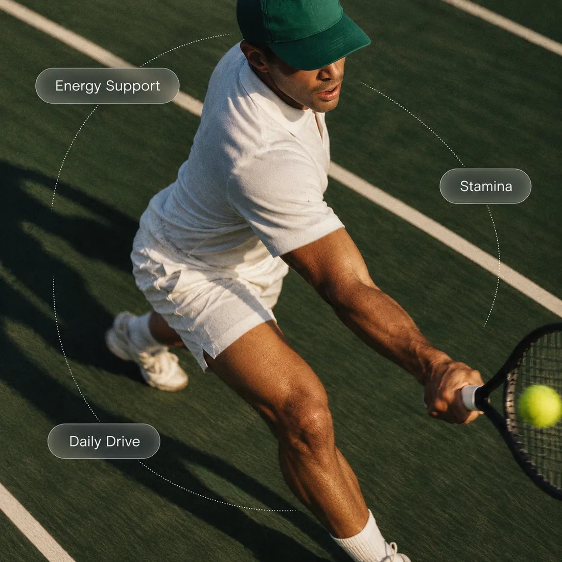 Man playing tennis in the sun with labels for energy support, stamina and daily drive
