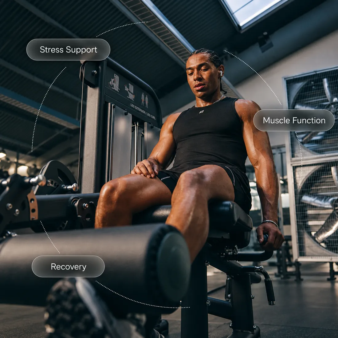 Man resting on a gym bench between sets with labels for stress support, muscle function and recovery