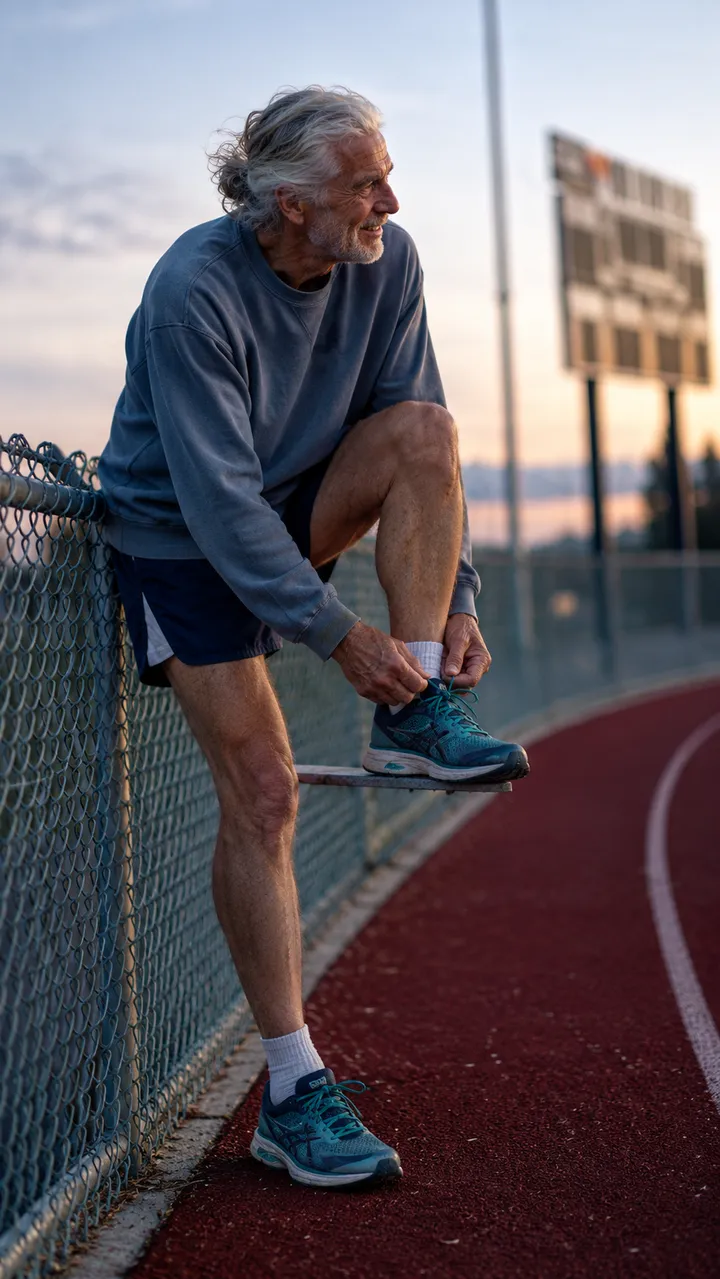 Older man stretching on a running track